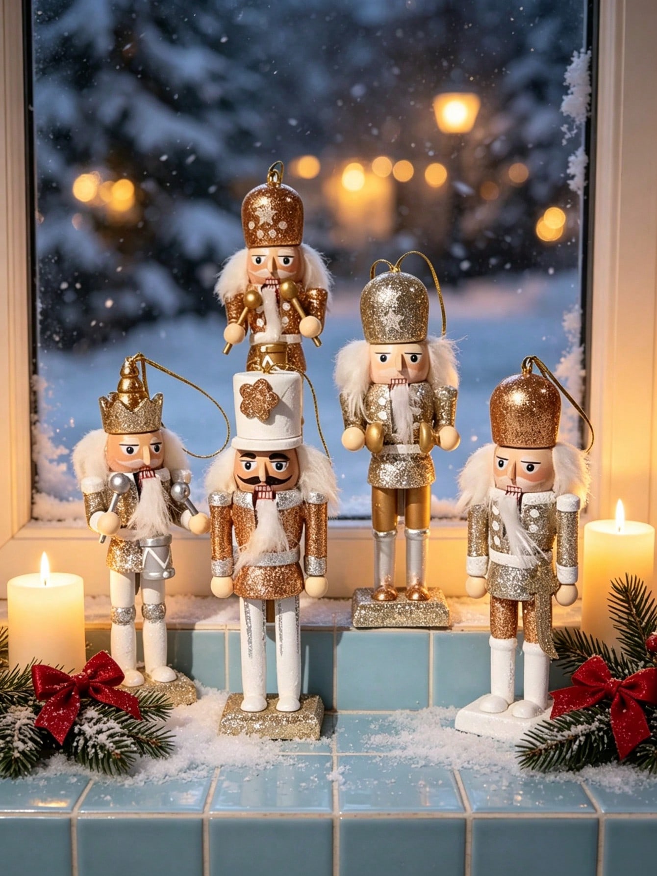 Nutcracker Figurine - 5-teiliges Set aus Holzpuppen-Anhängern in Champagnergold